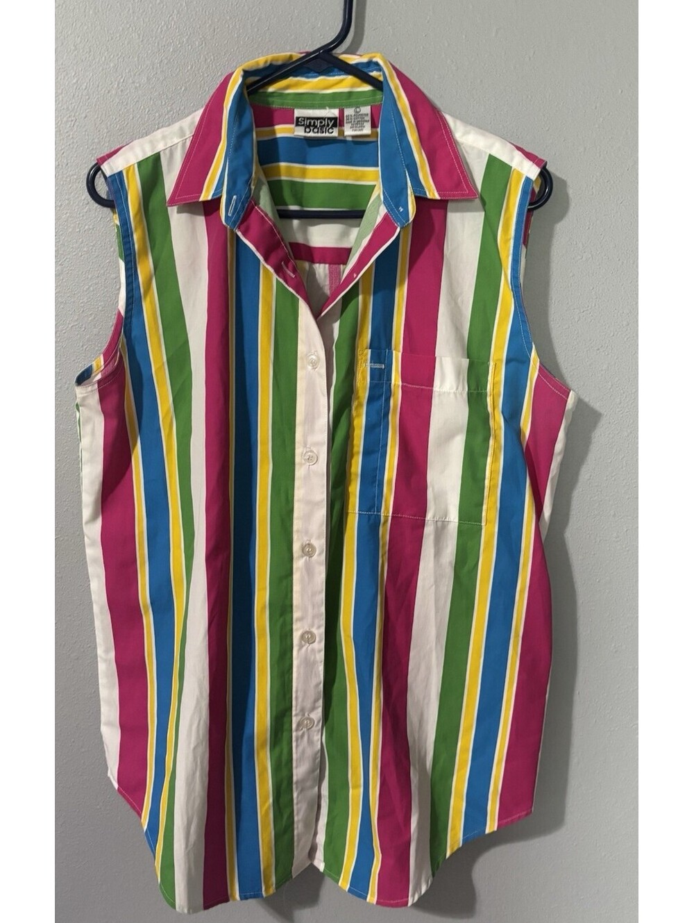 Women’s Simply Basic Sleeveless Button Up Size Large Pink Green Yellow EUC